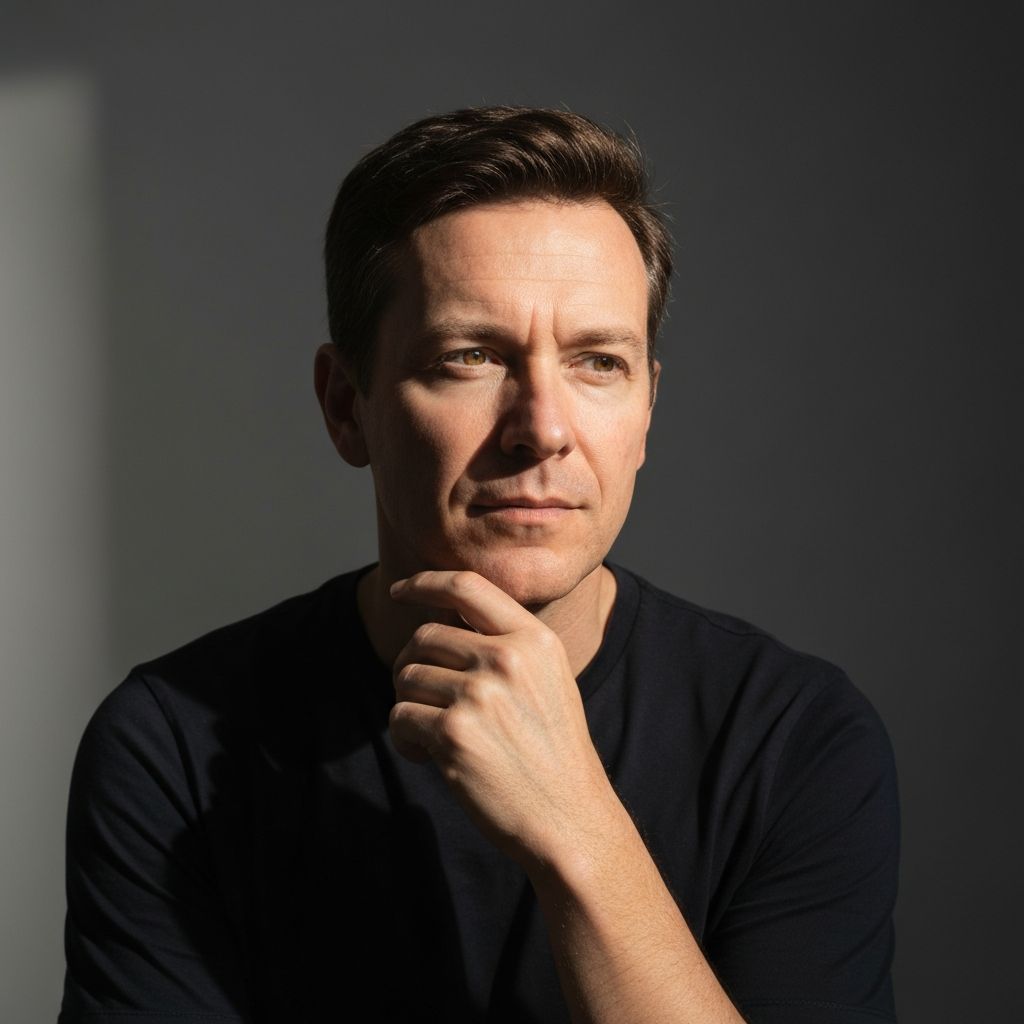 Nyugodt férfi arc természetes fénnyel megvilágítva, oldalról, koncentrált tekintettel a horizont felé, semleges szürke háttér előtt, meditív hangulatban