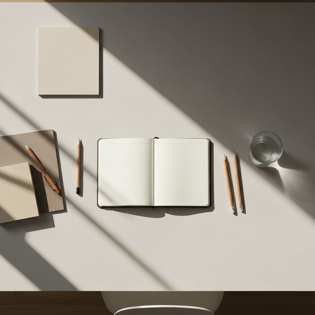Minimalista íróasztal felülnézetből, rajta notesz, ceruzák és egy pohár víz természetes fénnyel megvilágítva, rendezett és nyugodt munkakörnyezetet szimbolizáló kompozíció