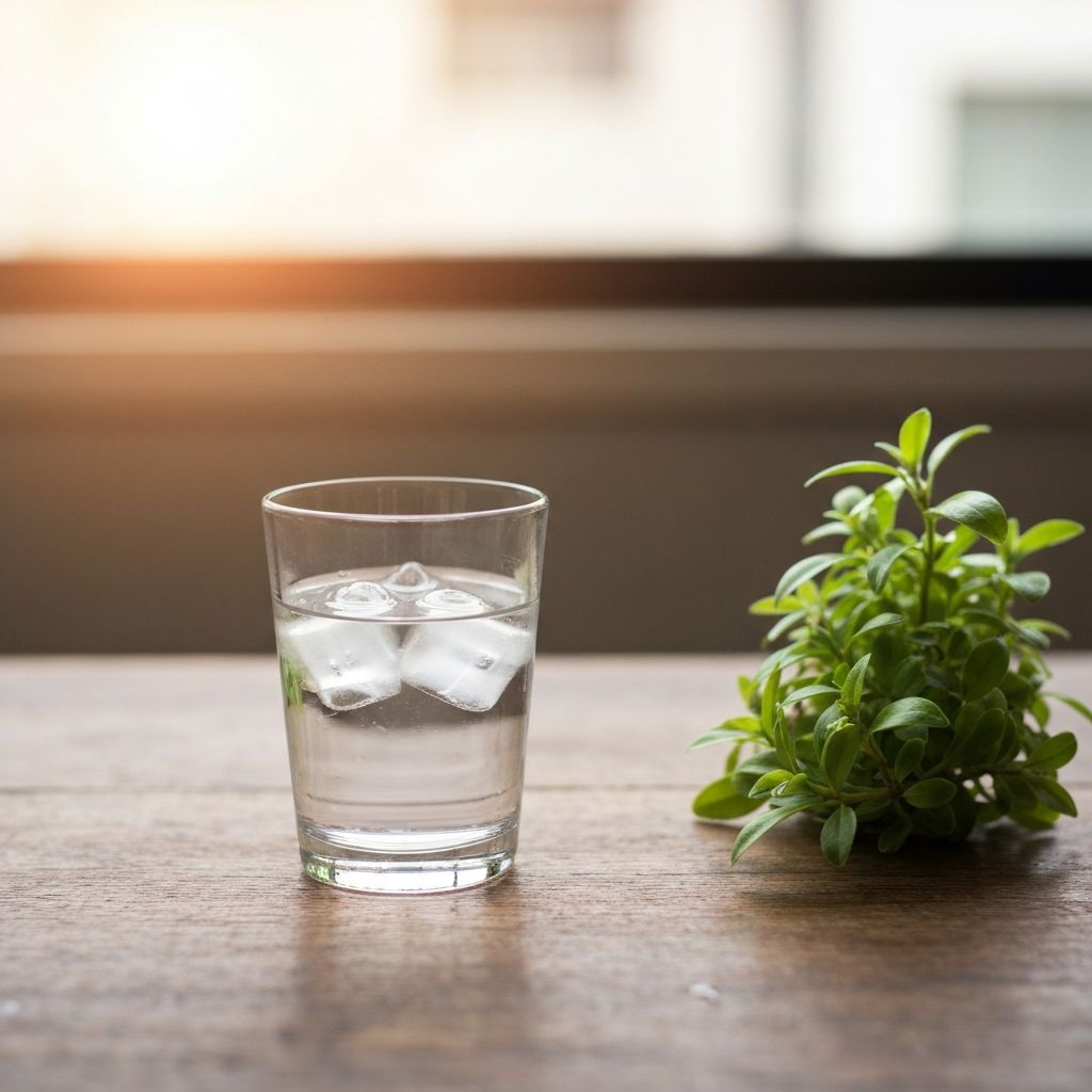 Friss vízzel teli átlátszó üvegpohár természetes fény mellett fa asztalon, mellette zöld növényi elem, minimalista és nyugodt természetes hangulatú kompozíció
